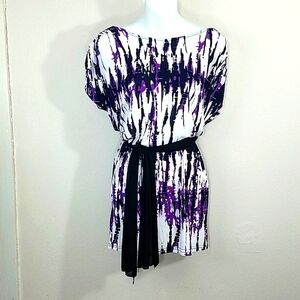 ICU Collection Mini Dress Purple Black White Abstract Print Dolman Sleeve Belted